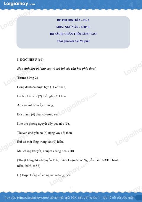 Đề thi học kì 2 Văn 10 Chân trời sáng tạo - Đề số 6
